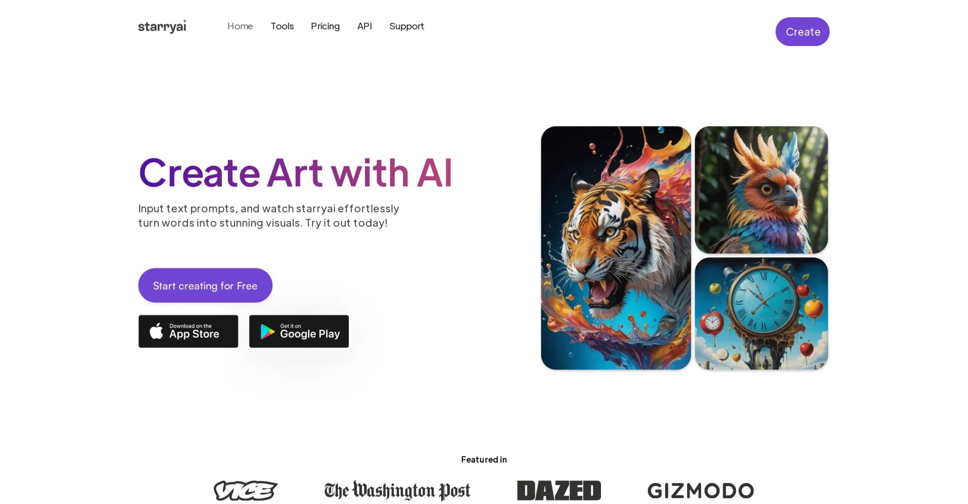 starryai homepage screenshot — Transform words into AI-generated art.