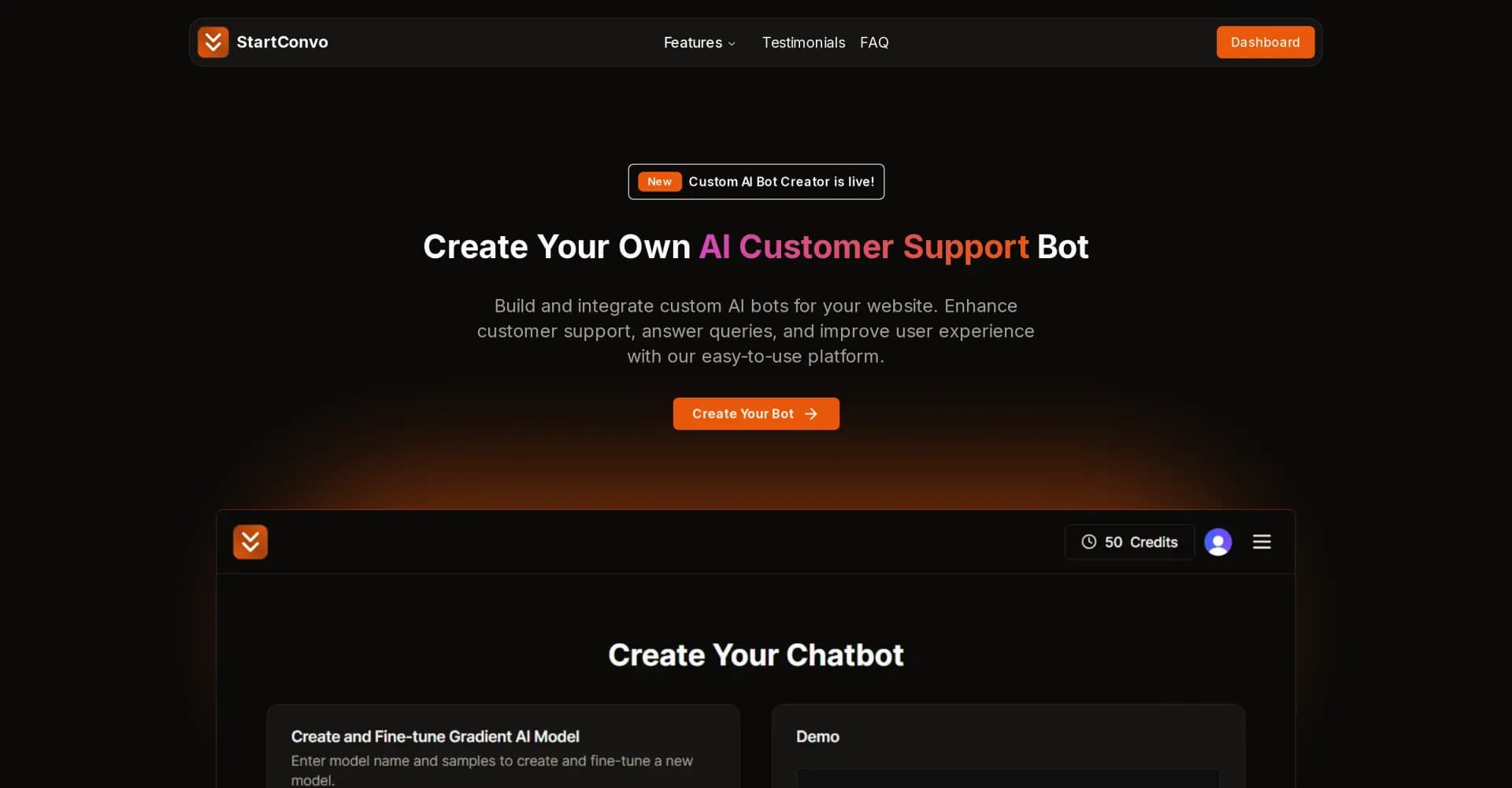 StartConvo homepage screenshot — Build custom AI chatbots for your website instantly.