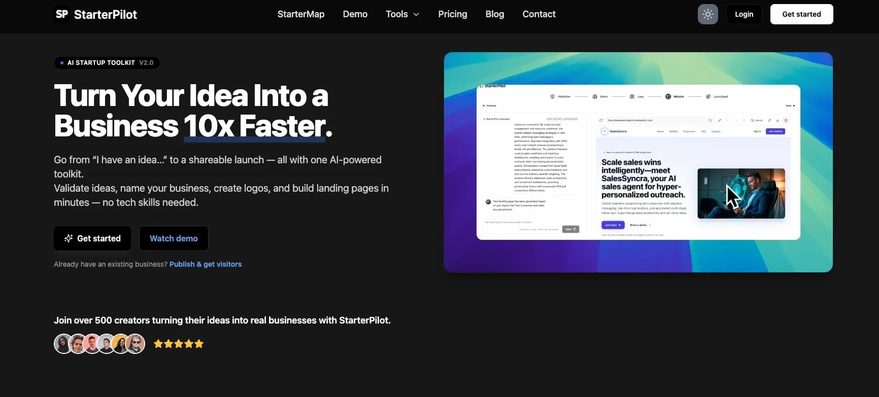 StarterPilotv1.1.0 homepage screenshot — Validate ideas, name your business, create logos, and build 