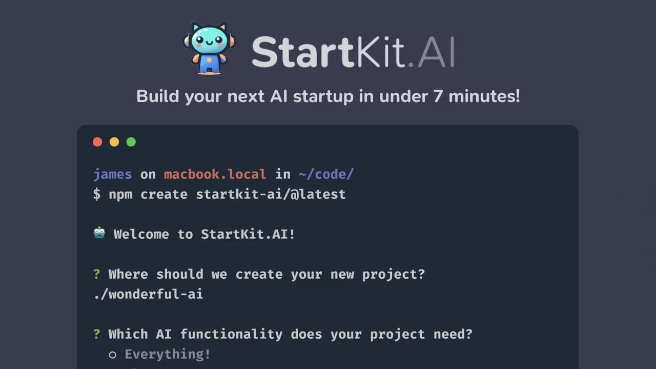 StartKit homepage screenshot — Build your next AI startup in under 7 minutes!