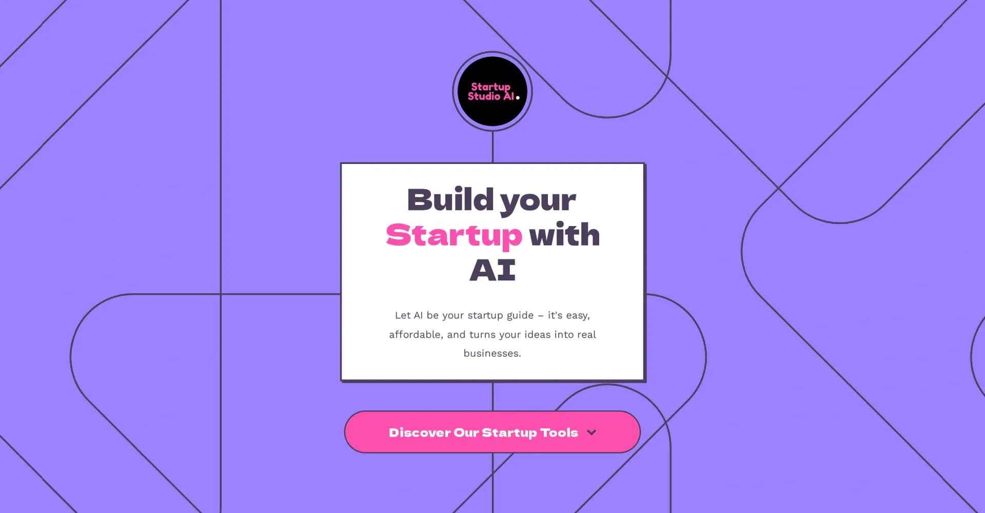Startup Studio homepage screenshot — AI startup guide: Turn ideas into real businesses
