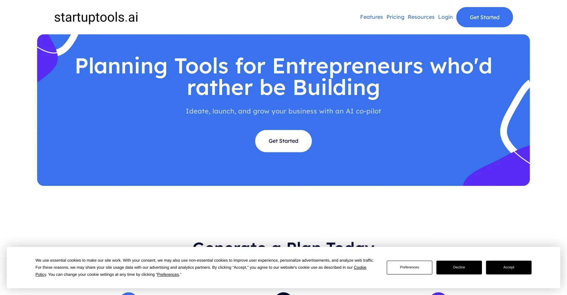 Startuptools homepage screenshot — Generate a business plan in 3 minutes.