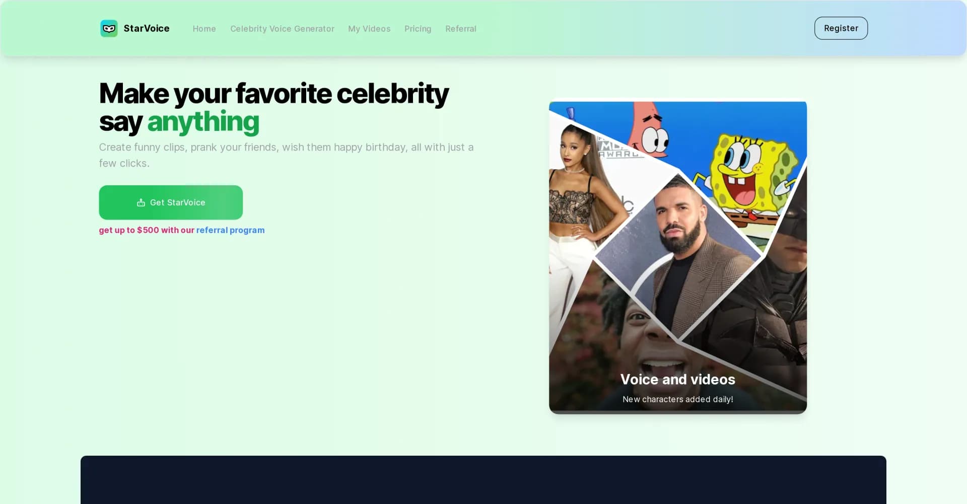 StarVoice homepage screenshot — Clone celebrity voices with AI