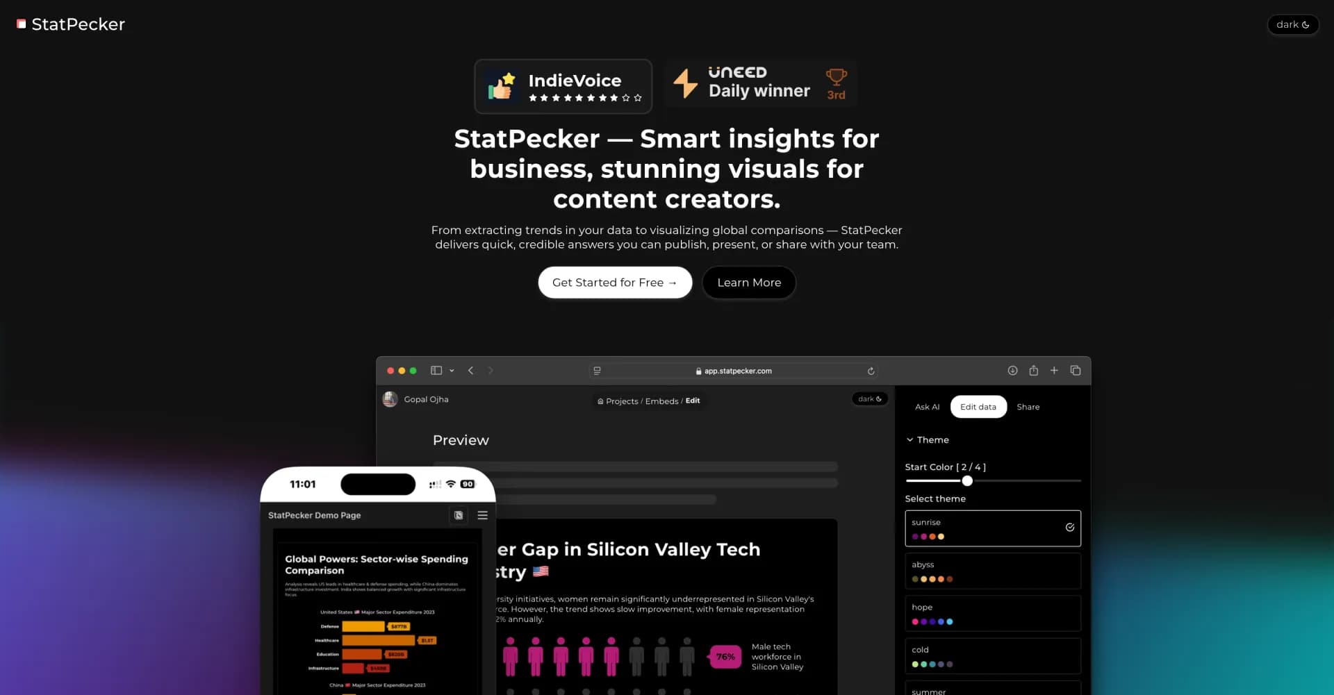 StatPecker homepage screenshot — Smart insights for business, stunning visuals for creators.