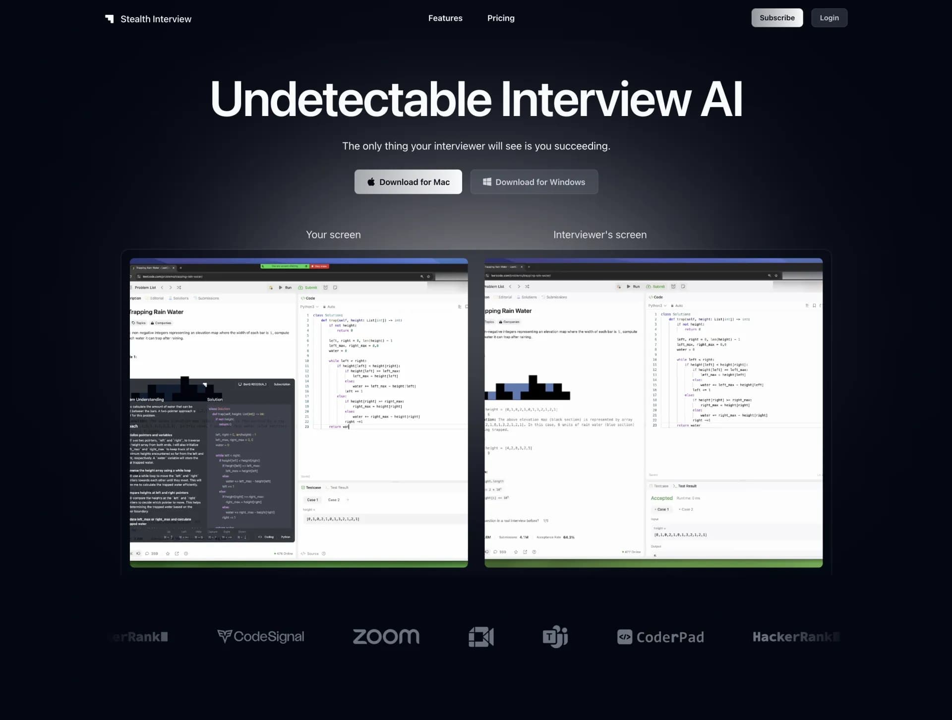 Stealth Interviewv1.1 homepage screenshot — Ace technical interviews undetected.