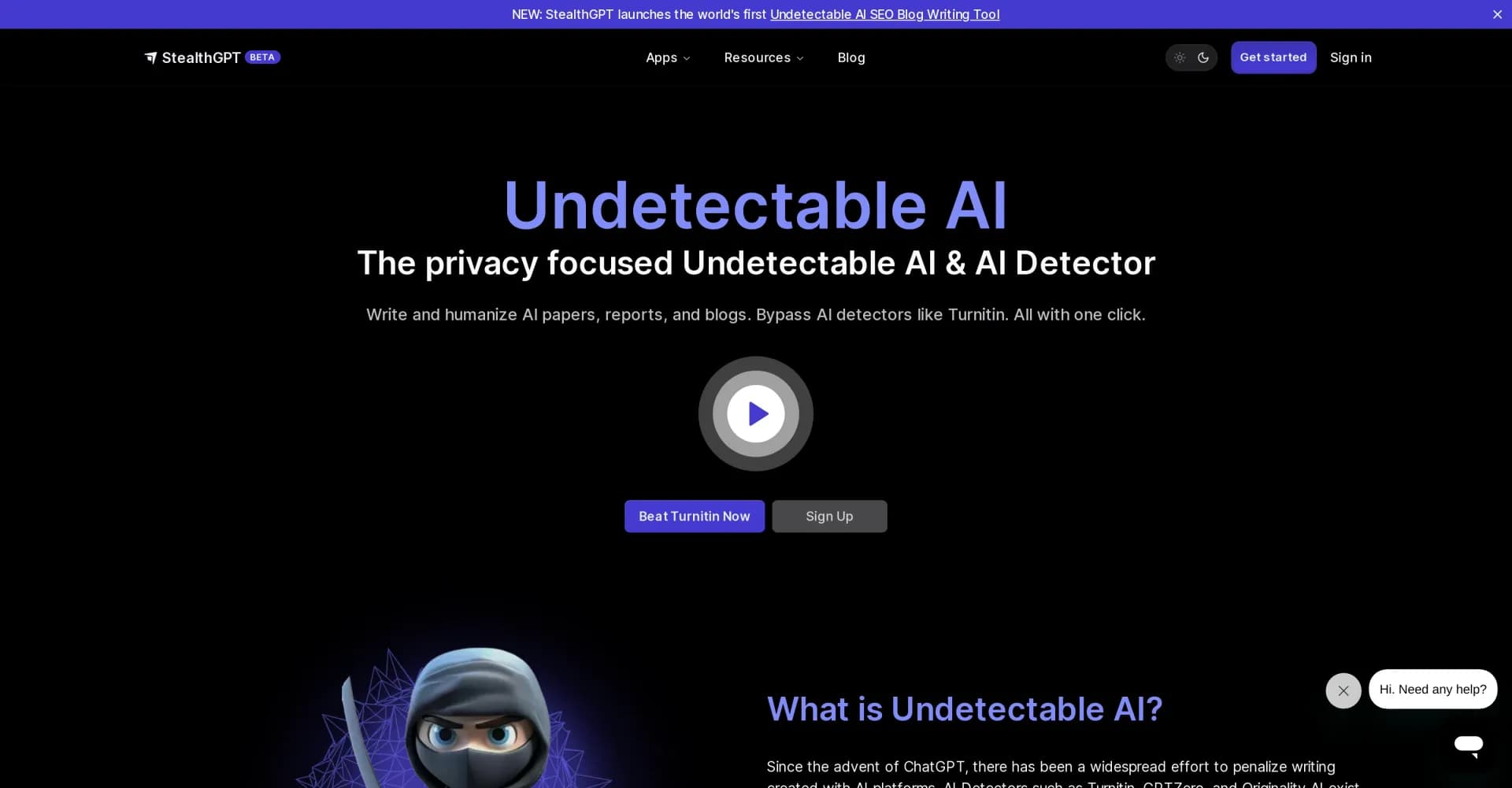 StealthGPT homepage screenshot — Write AI content that evades detection