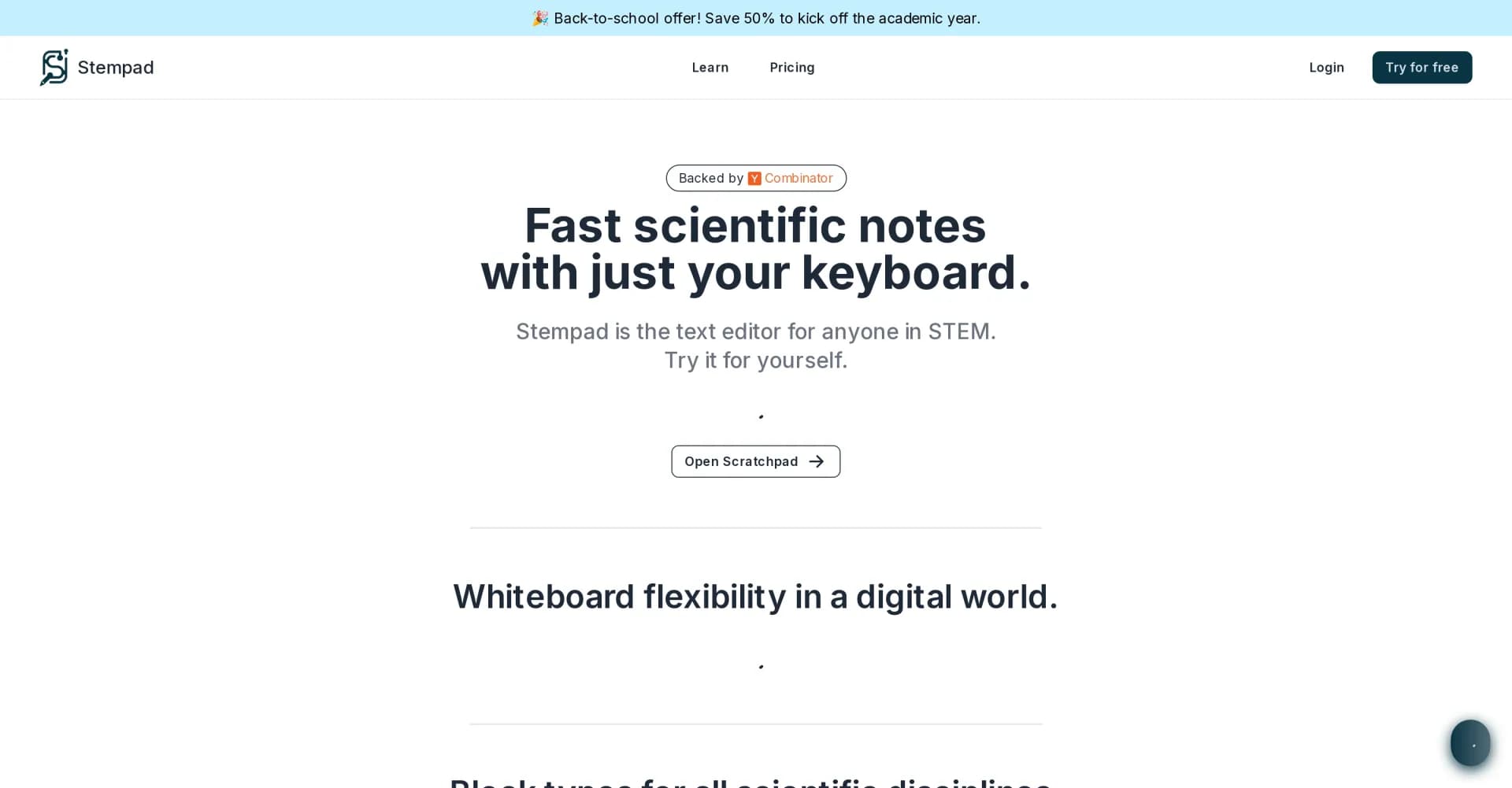 Stempad homepage screenshot — Scientific notes at keyboard speed