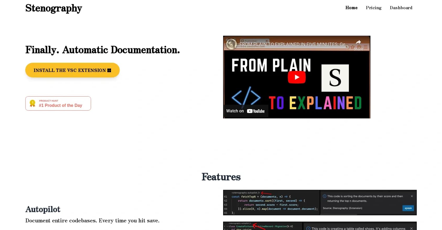 Stenography homepage screenshot — Automatic code documentation powered by AI.