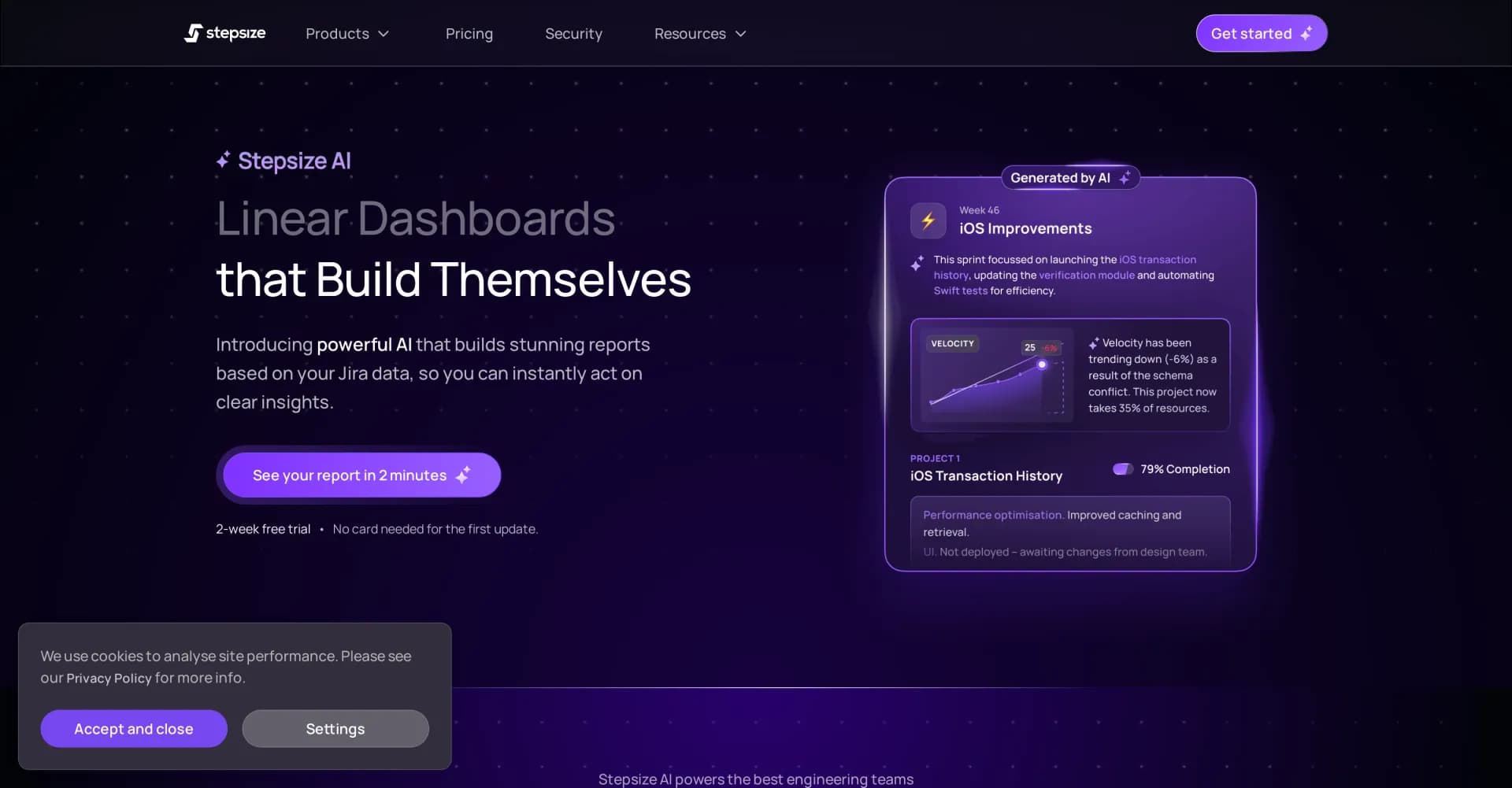 Stepsize AI homepage screenshot — AI-powered dashboards for Jira and Linear