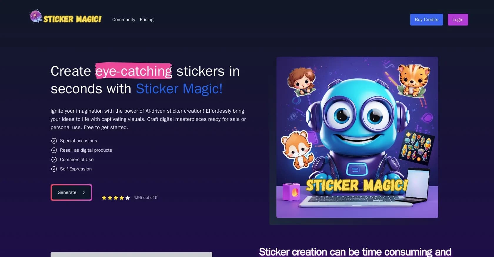 Sticker Magic homepage screenshot — Create eye-catching digital stickers in seconds with AI