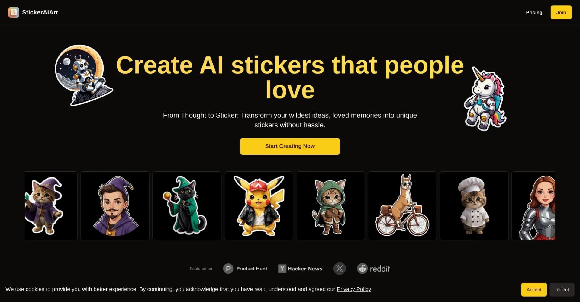 StickerAIArt homepage screenshot — Transform ideas into unique AI-generated stickers.