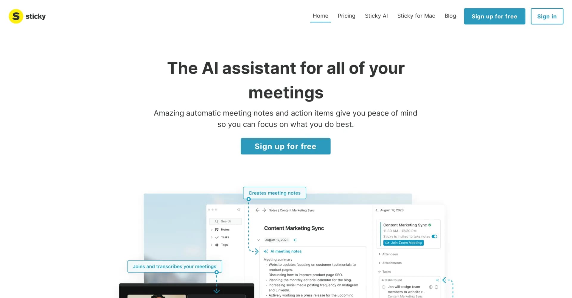 Sticky App homepage screenshot — AI assistant for amazing automatic meeting notes and action 