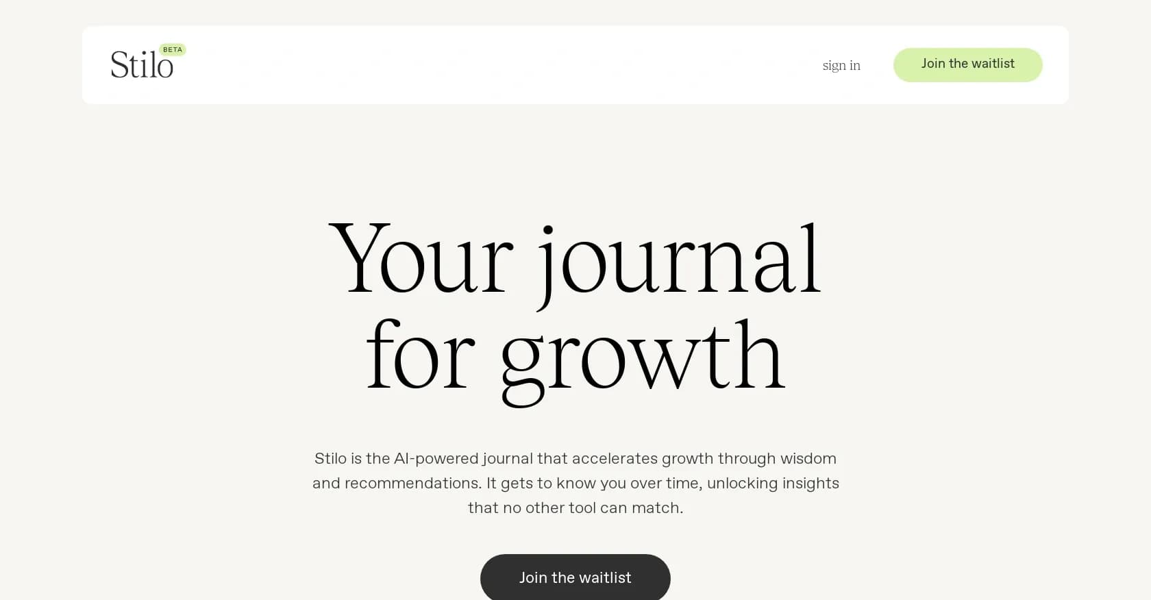 Stilo homepage screenshot — AI-powered journaling for personal growth and insights