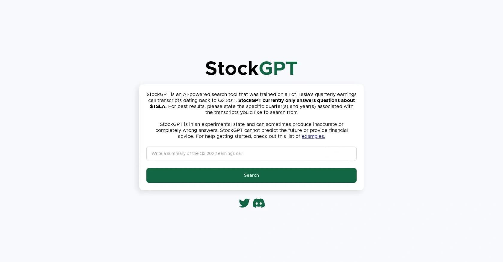 StockGPT homepage screenshot — AI search for Tesla earnings calls