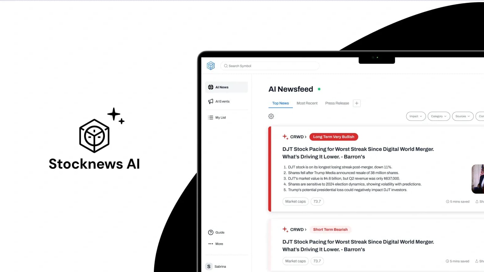StockNewsAIv1.5 homepage screenshot — Stock market news analyzed for insights.