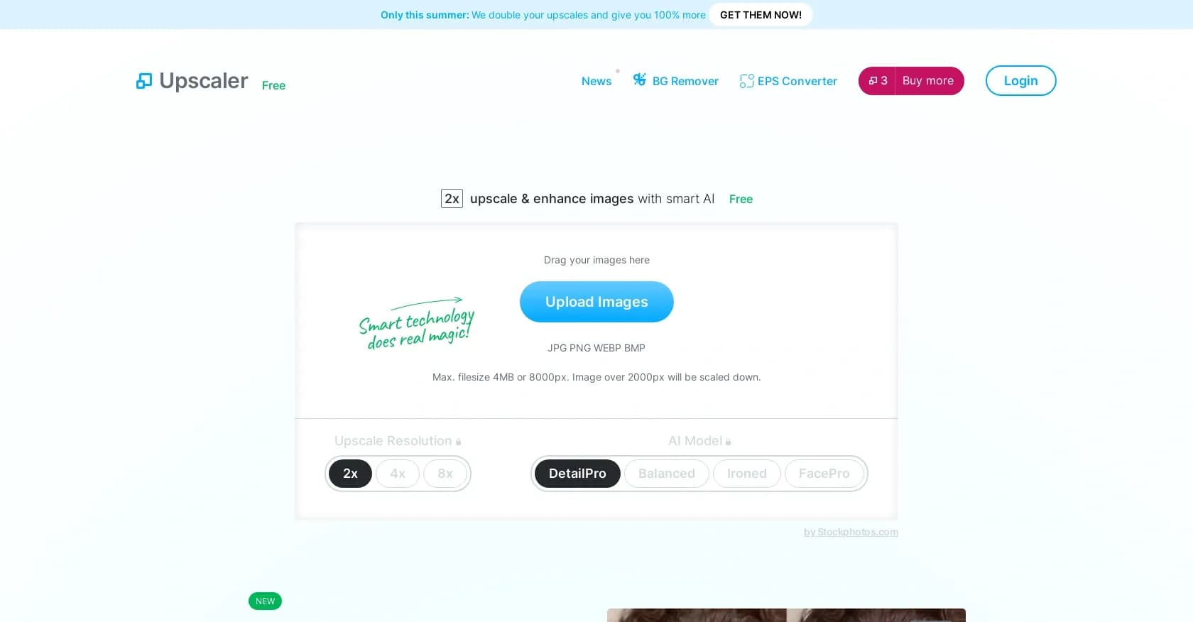 Stockphotos Upscaler homepage screenshot — Enlarge images without losing quality using AI.
