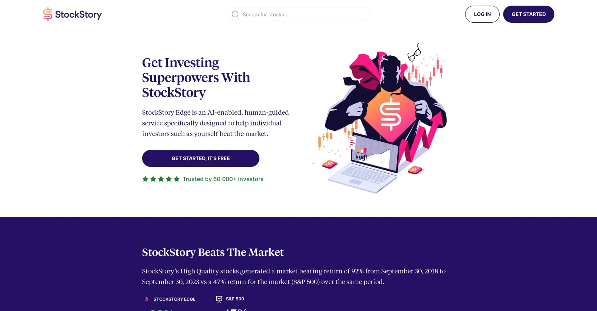 StockStory homepage screenshot — AI-powered stock insights and market analysis