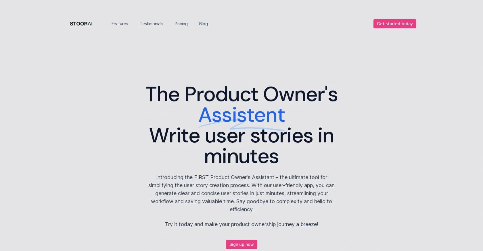 StoorAI homepage screenshot — Write user stories in minutes