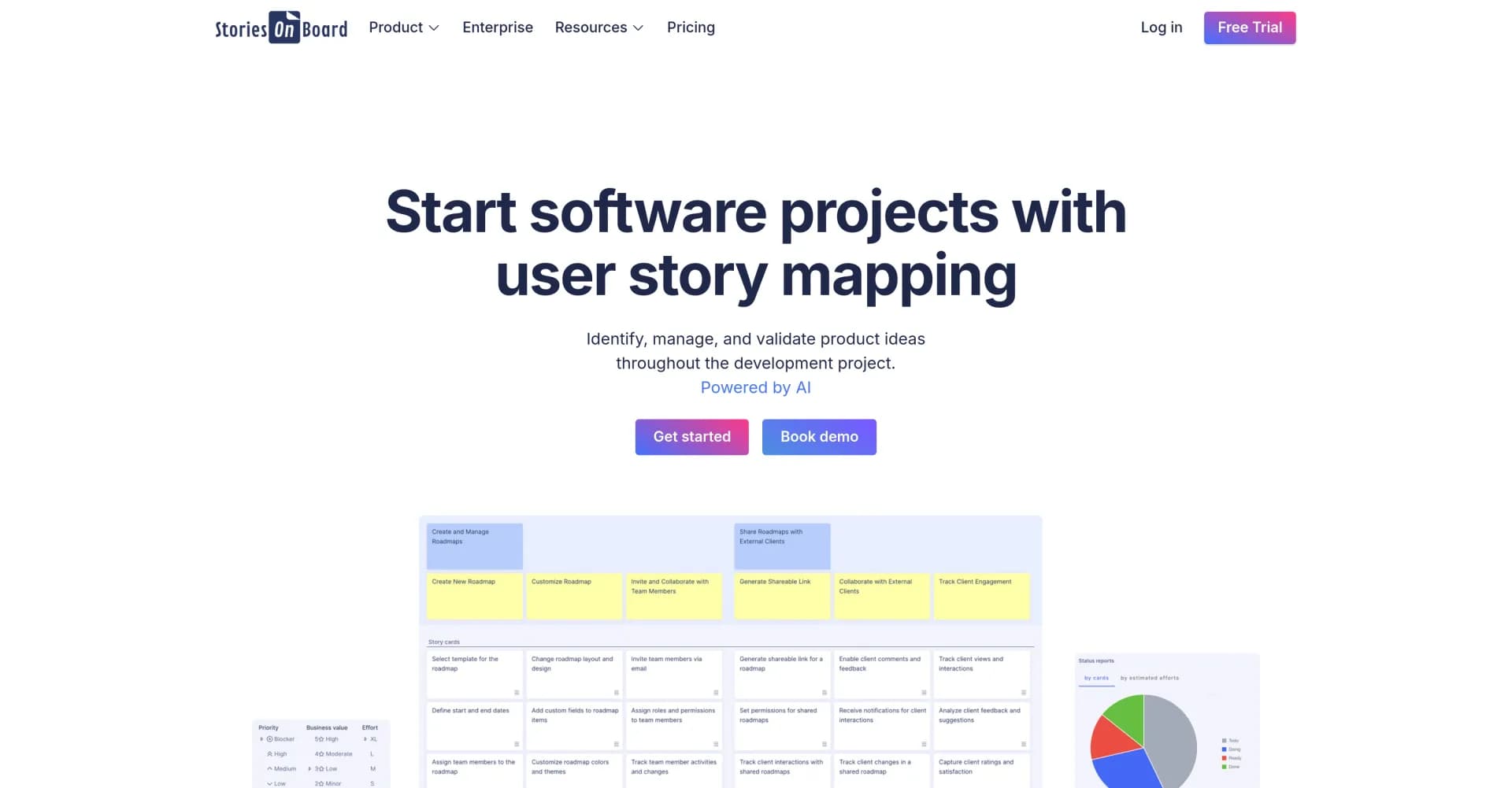 StoriesOnBoard homepage screenshot — Visualize and manage software projects with AI-powered user 