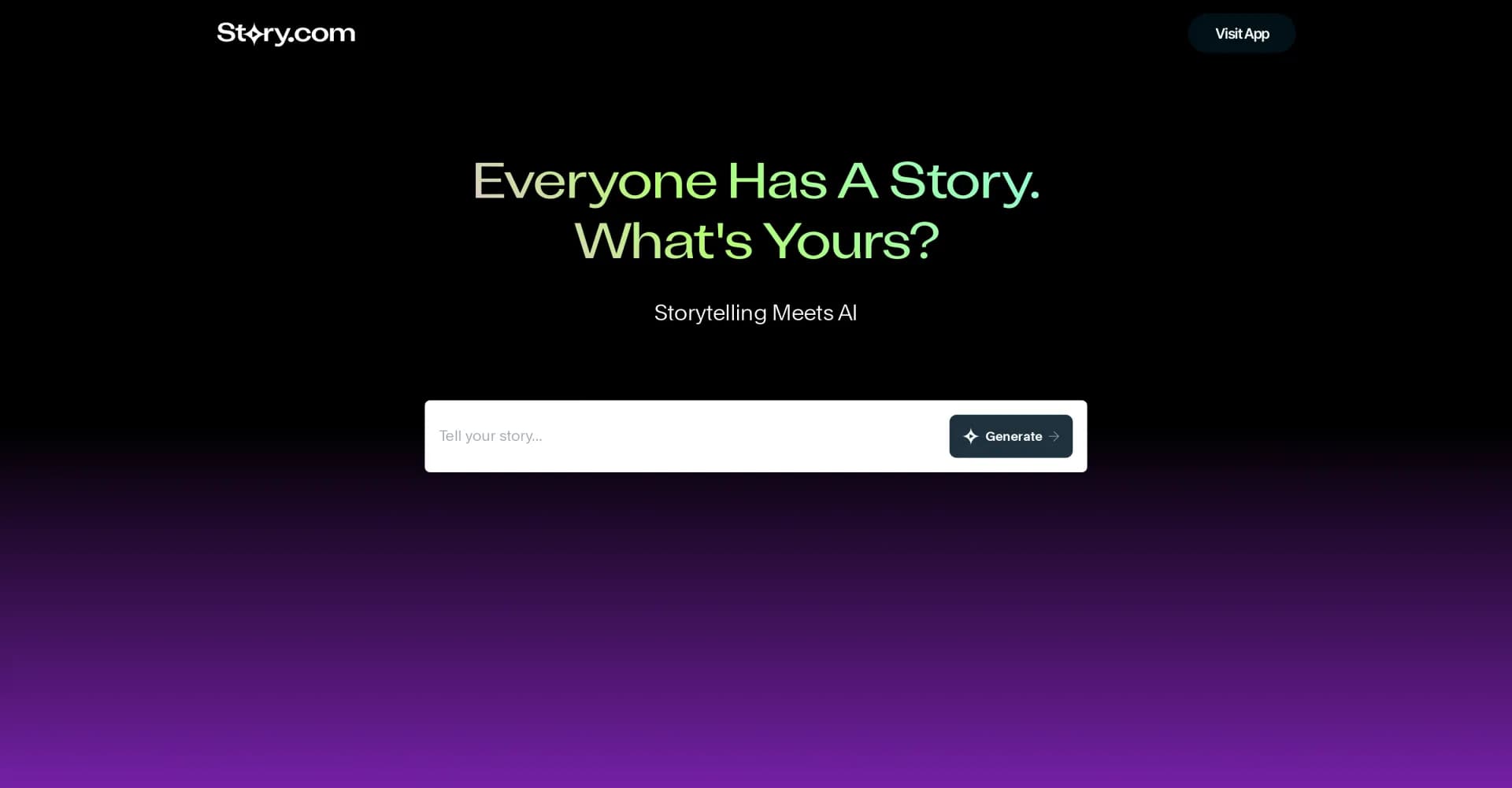 Story.com homepage screenshot — Storytelling meets AI for digital creators.
