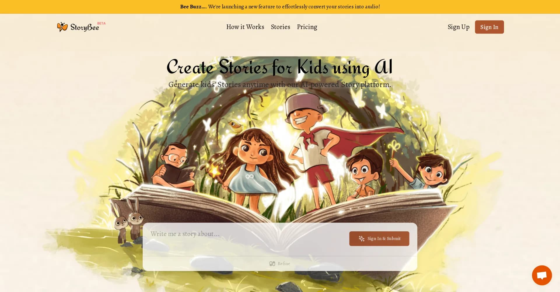 StoryBee homepage screenshot — Create AI-powered stories for kids instantly.