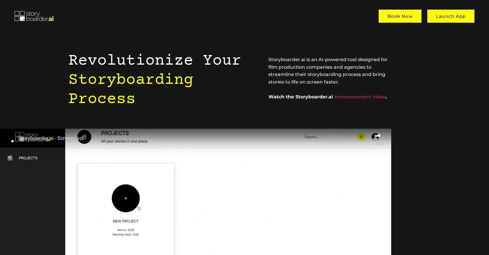 Storyboarder homepage screenshot — AI-powered storyboarding for faster film production