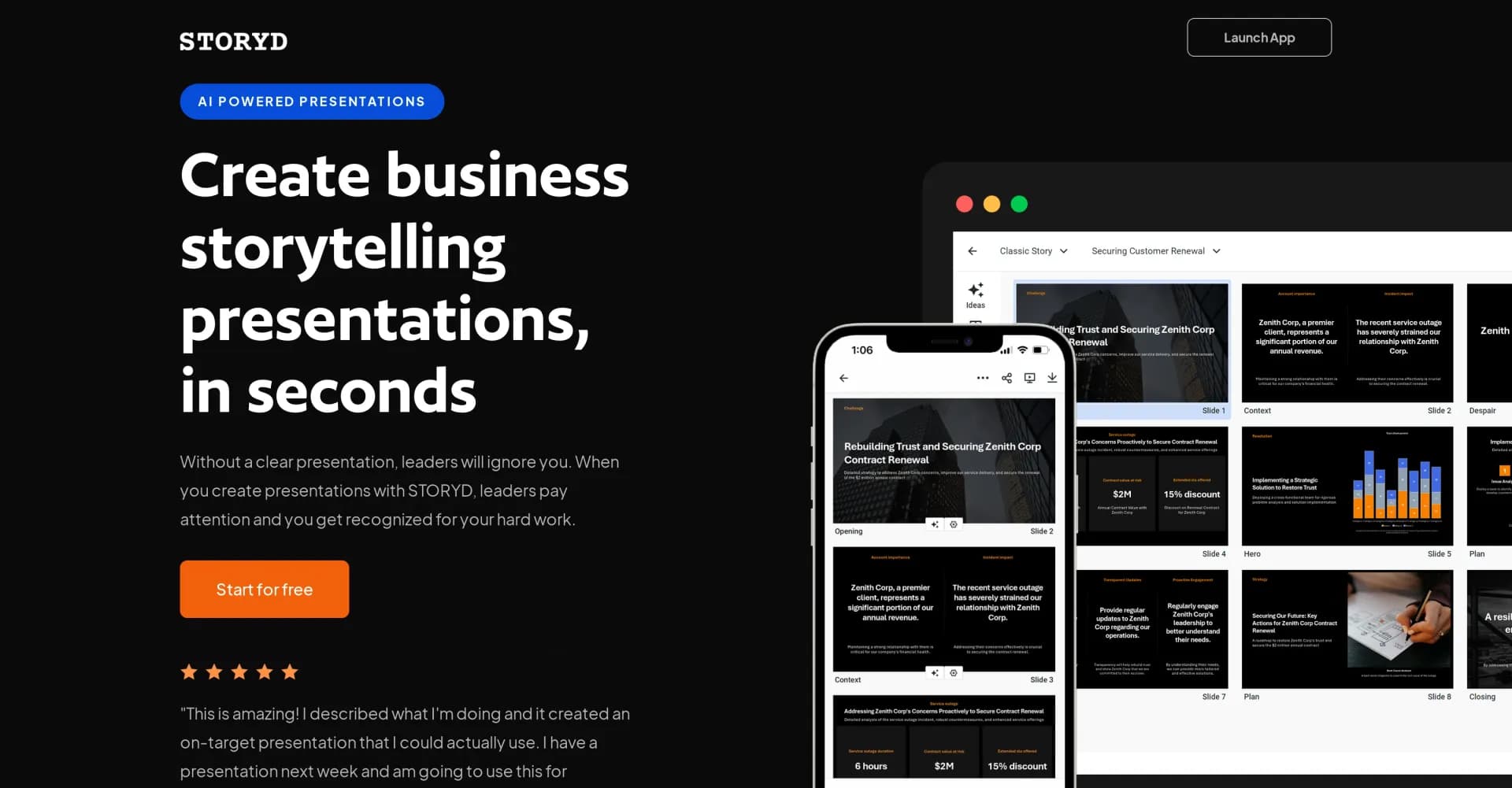 Storyd homepage screenshot — Create business presentations leaders love, in seconds.