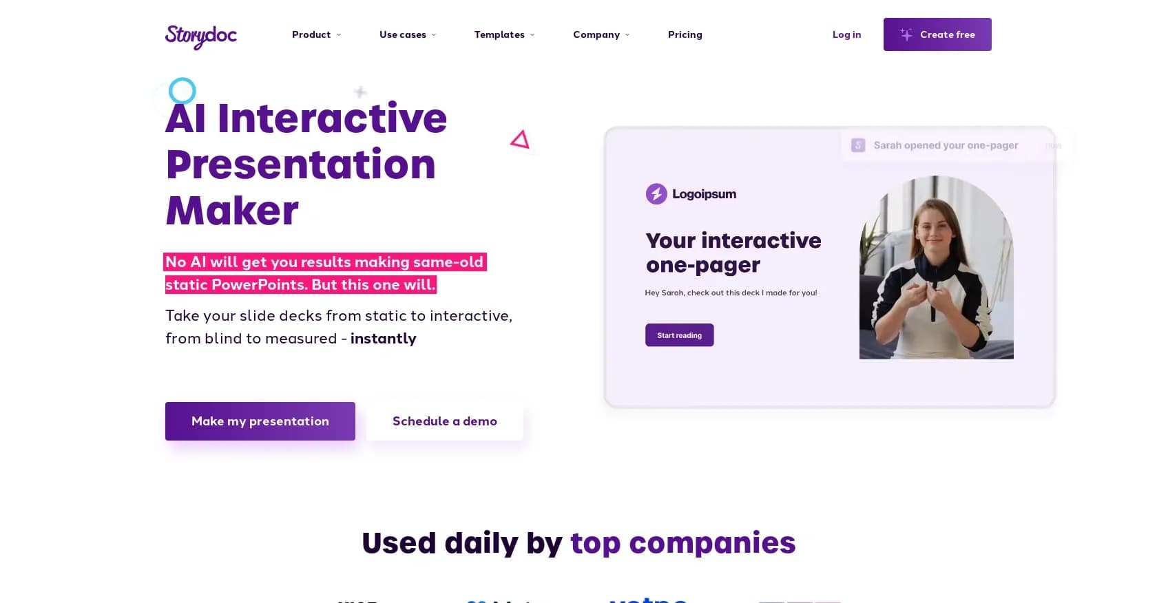Storydoc homepage screenshot — Create stunning interactive presentations without any design