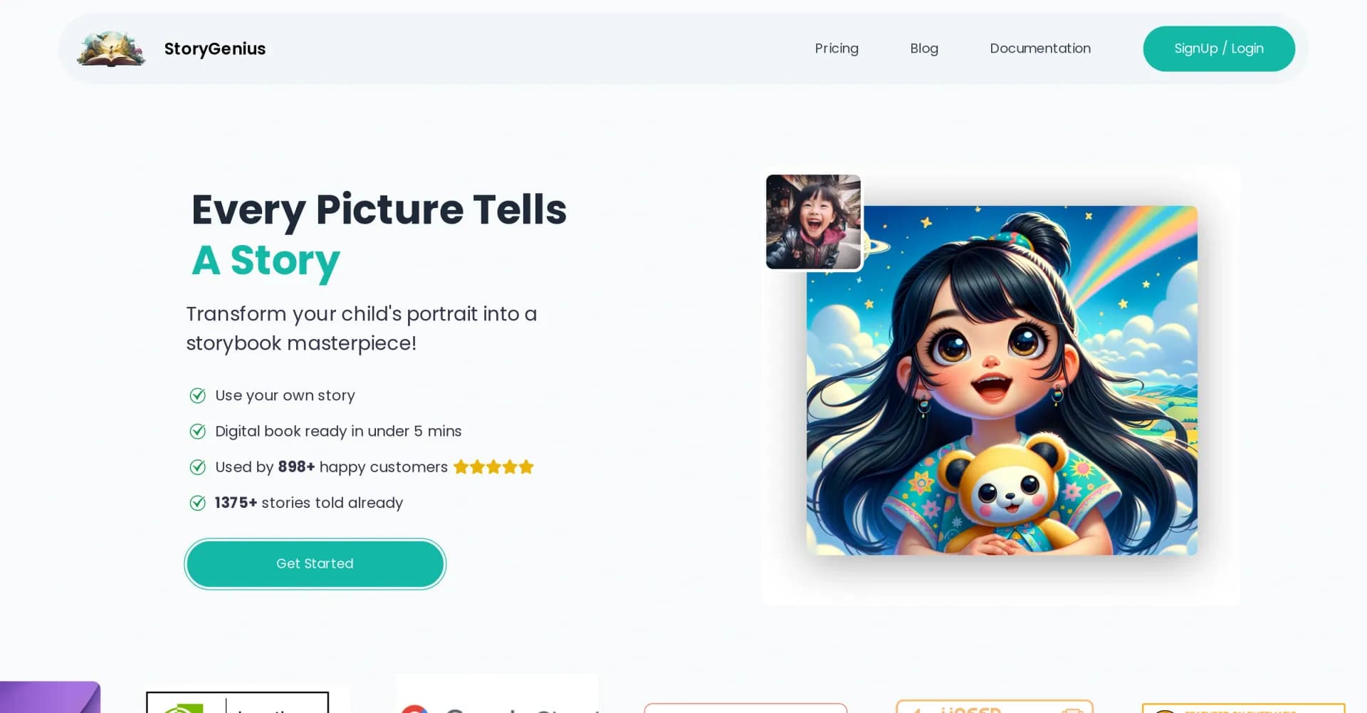 StoryGenius homepage screenshot — Transform child portraits into storybook masterpieces