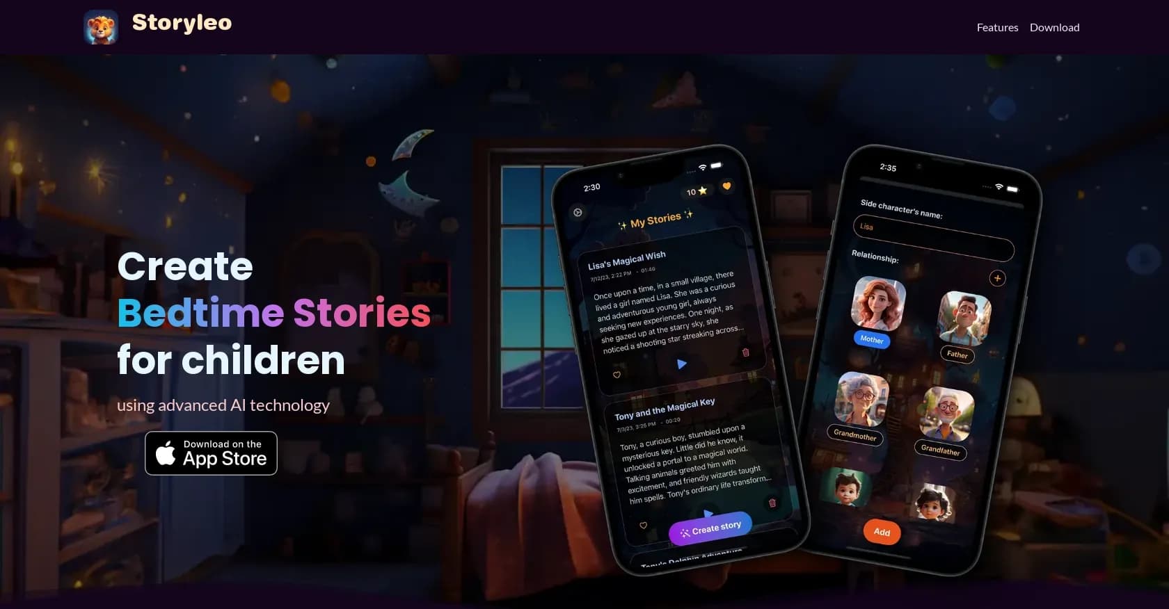 Storyleo homepage screenshot — AI-powered bedtime stories for kids