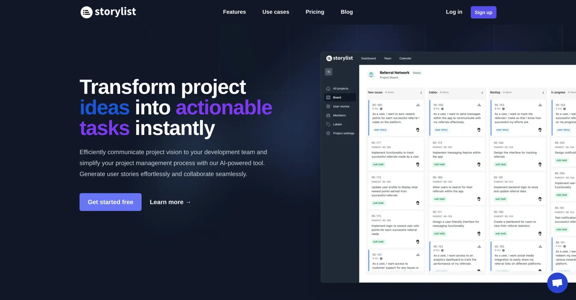 Storylist homepage screenshot — Transform project ideas into actionable tasks instantly