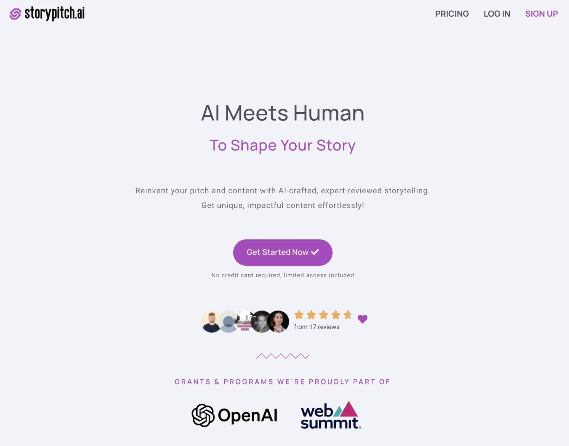 Storypitch.ai homepage screenshot — Reinvent your pitch and content with AI-crafted, expert-revi