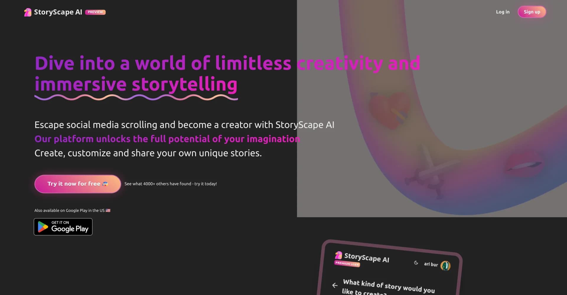 StoryScape homepage screenshot — Unleash your creativity with AI-powered storytelling.