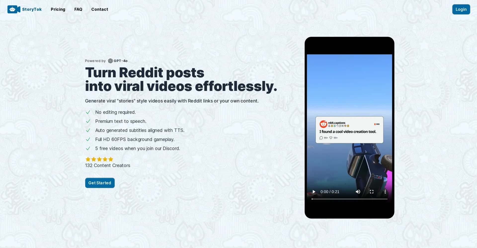 StoryTok homepage screenshot — Turn Reddit posts into viral videos effortlessly