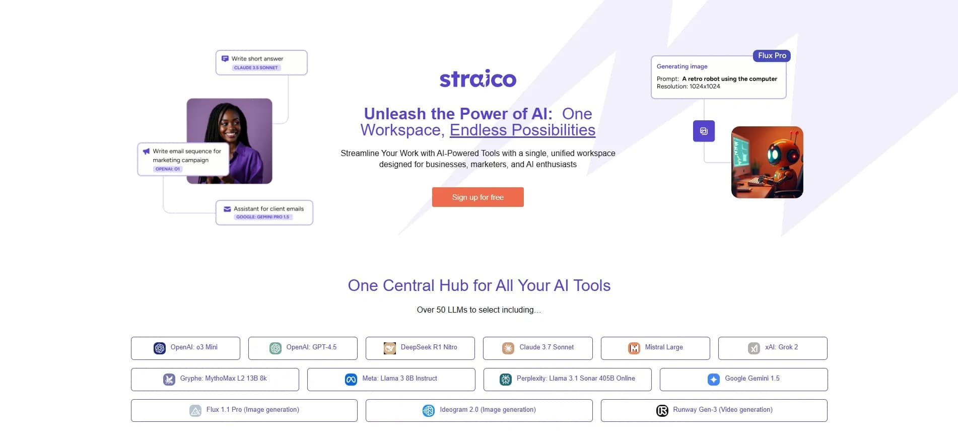 Straico homepage screenshot — Unleash the Power of AI: One Workspace, Endless Possibilitie