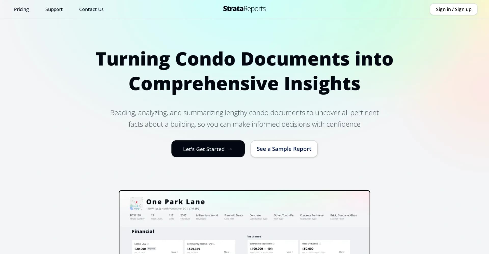 StrataReports homepage screenshot — Transform condo documents into actionable insights.