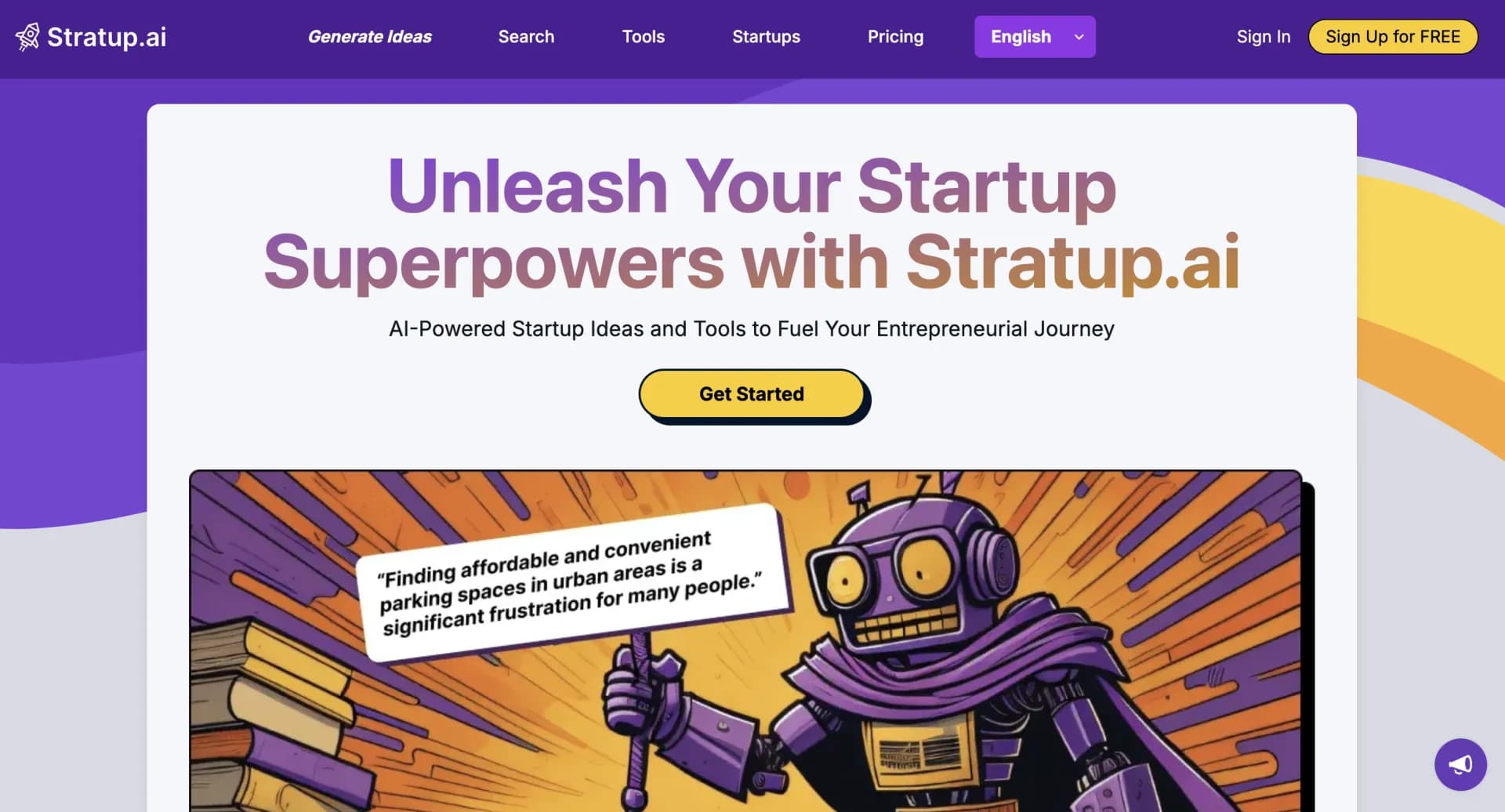Stratup.aiv2.0 homepage screenshot — Innovative idea generation for businesses.