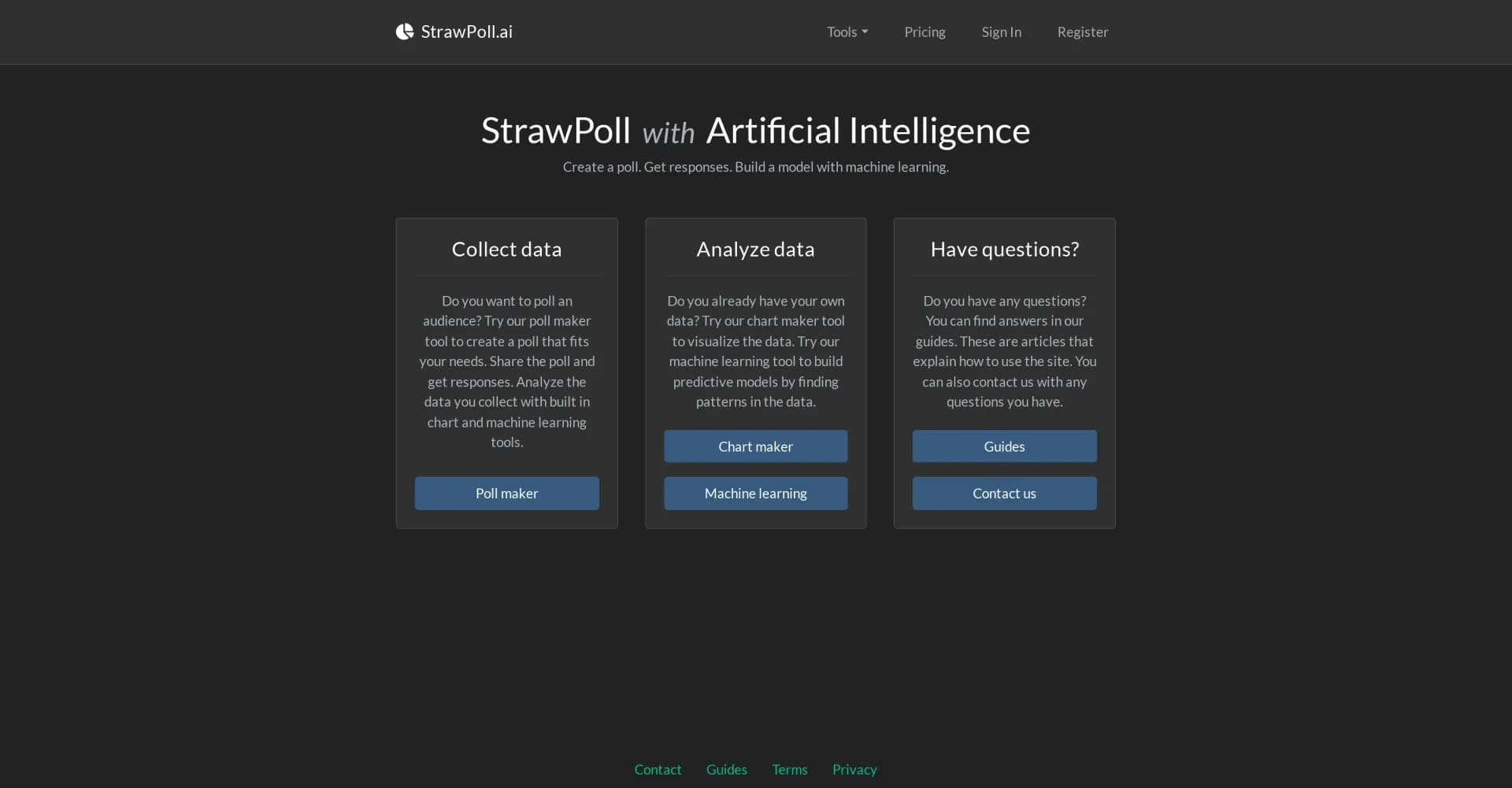 StrawPoll homepage screenshot — Create polls, analyze data, and build AI models.