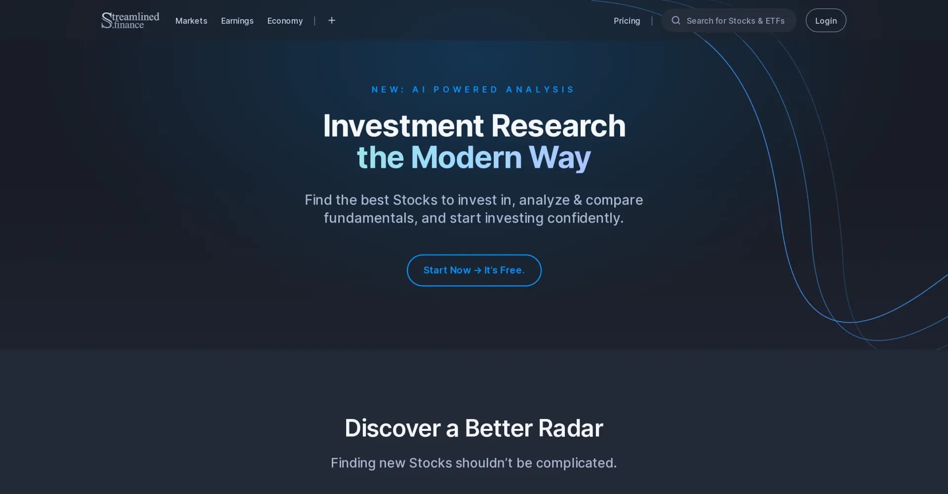 Streamlined Finance homepage screenshot — Find top stocks and invest confidently.