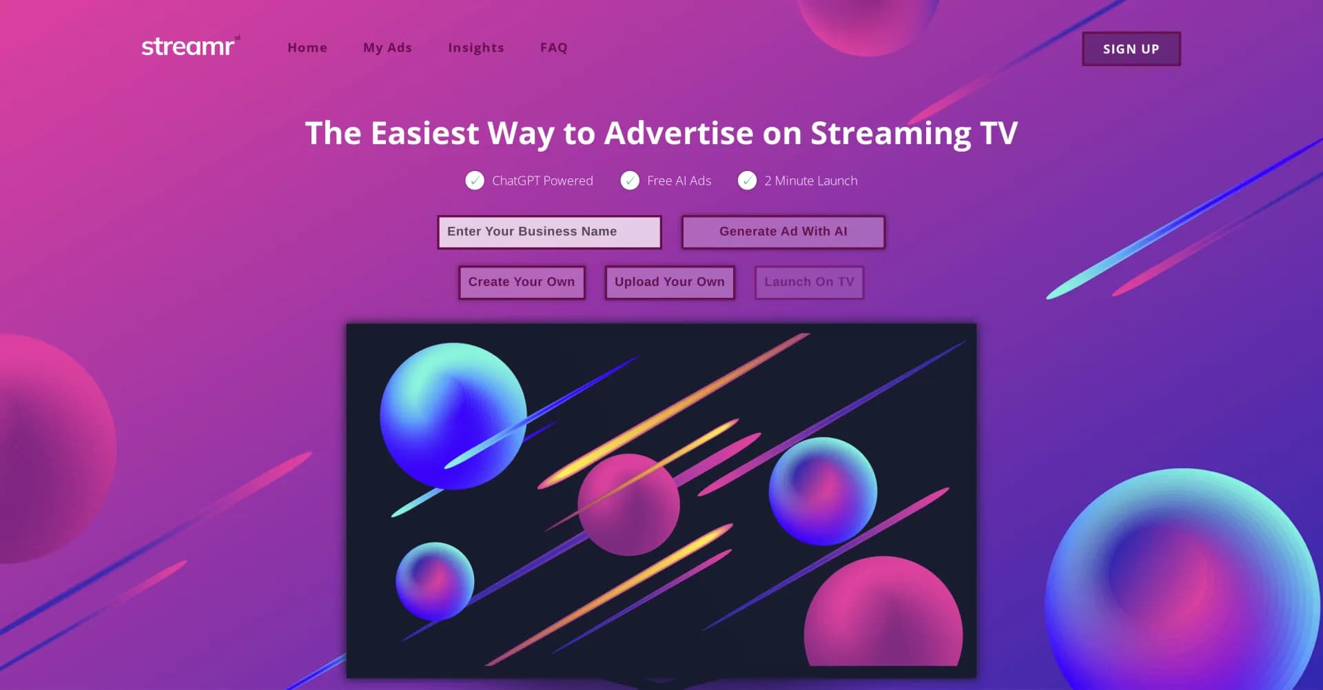 Streamr homepage screenshot — Advertise on Smart TVs with AI-powered commercials