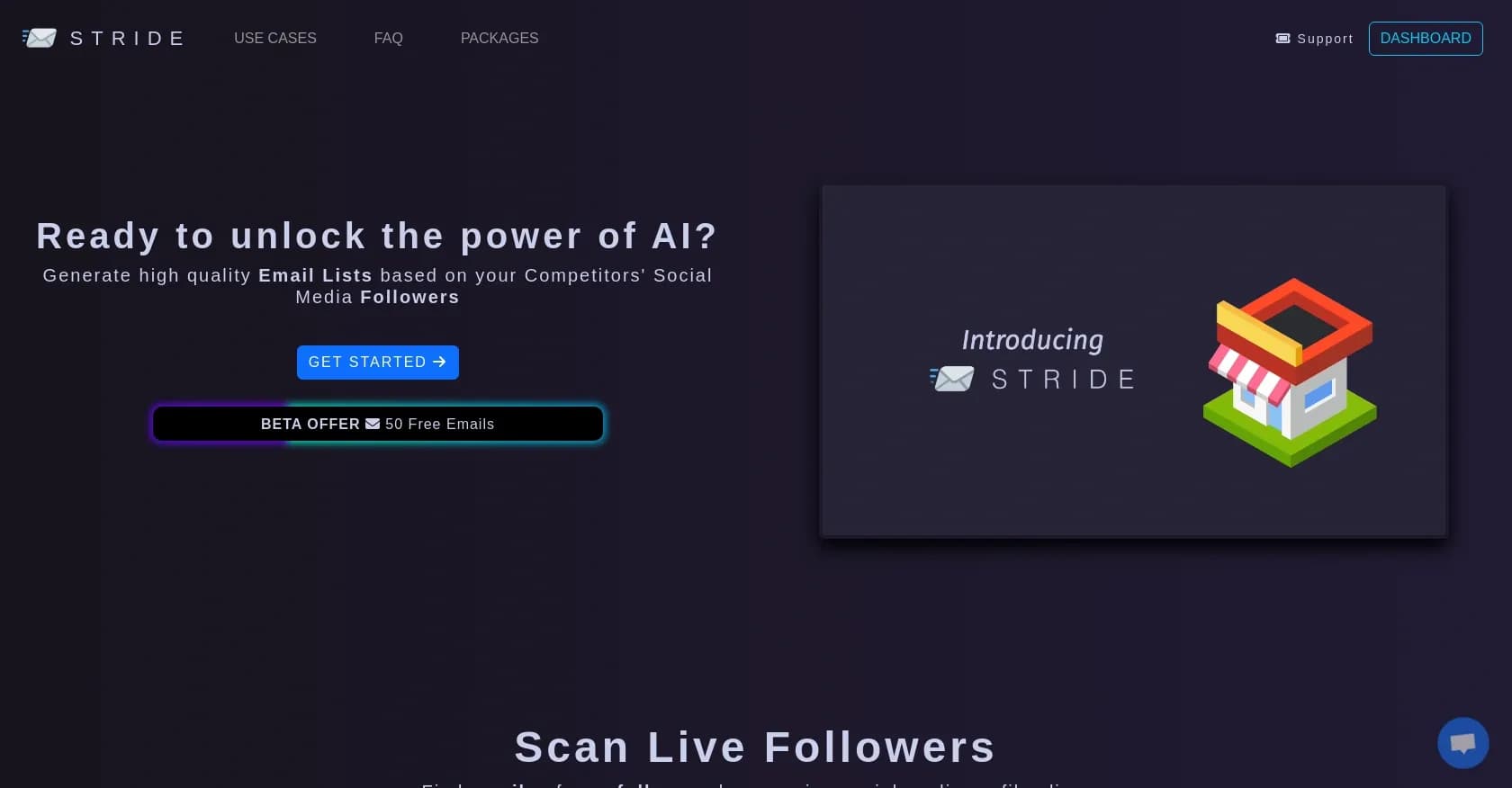 Stride homepage screenshot — Generate high-quality email leads from competitors' social f