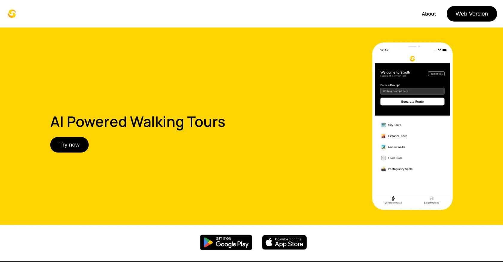 Strollr homepage screenshot — AI-powered personalized walking tours