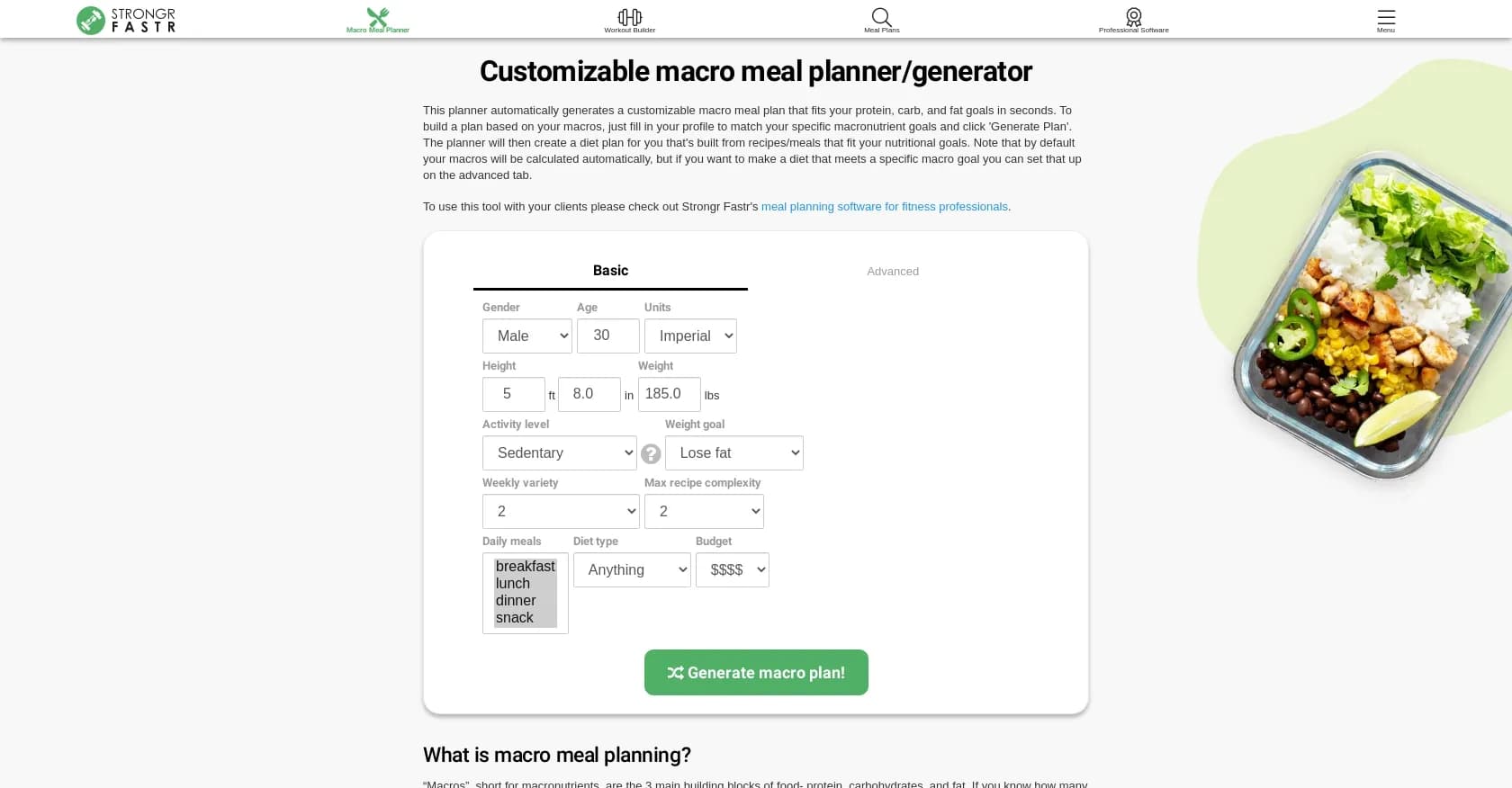Strongr Fastr homepage screenshot — Create custom meal plans for fitness pros.