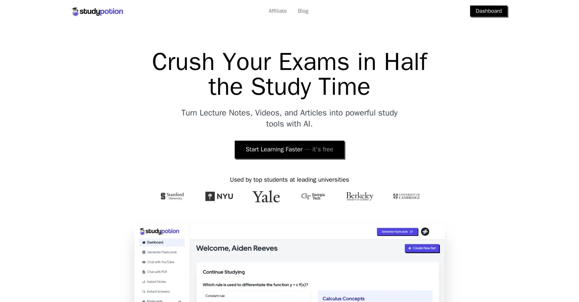 Study Potion AI homepage screenshot — AI-powered study assistant for faster learning.