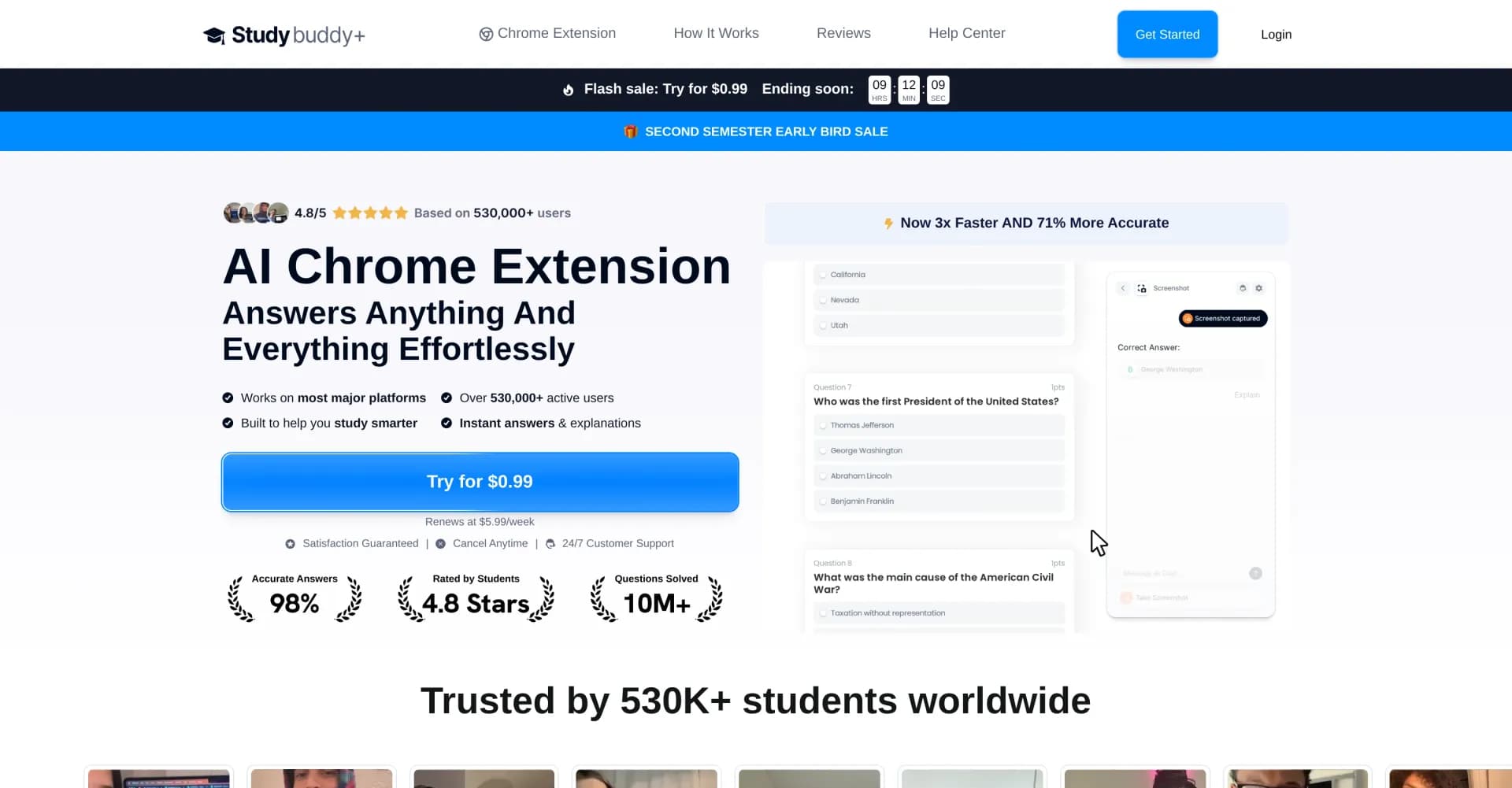StudyBuddy homepage screenshot — AI Chrome Extension Answers Anything And Everything Effortle