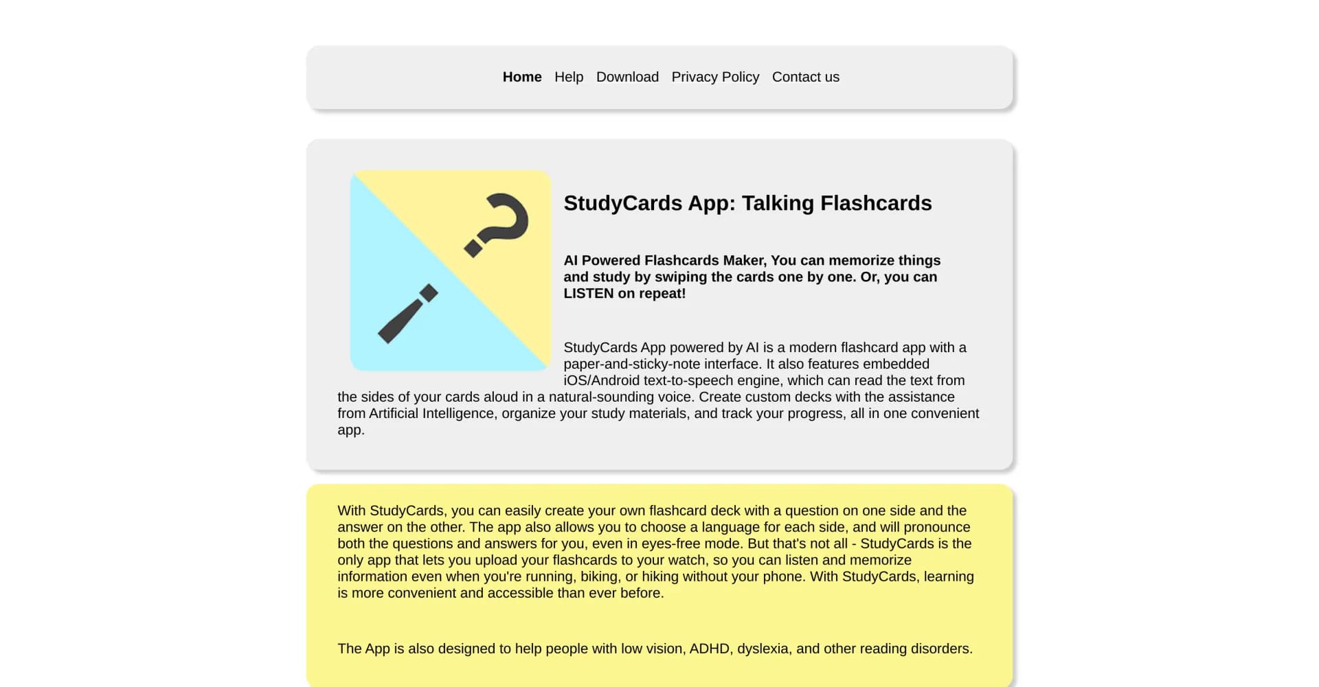 StudyCards homepage screenshot — Create your own talking flashcards