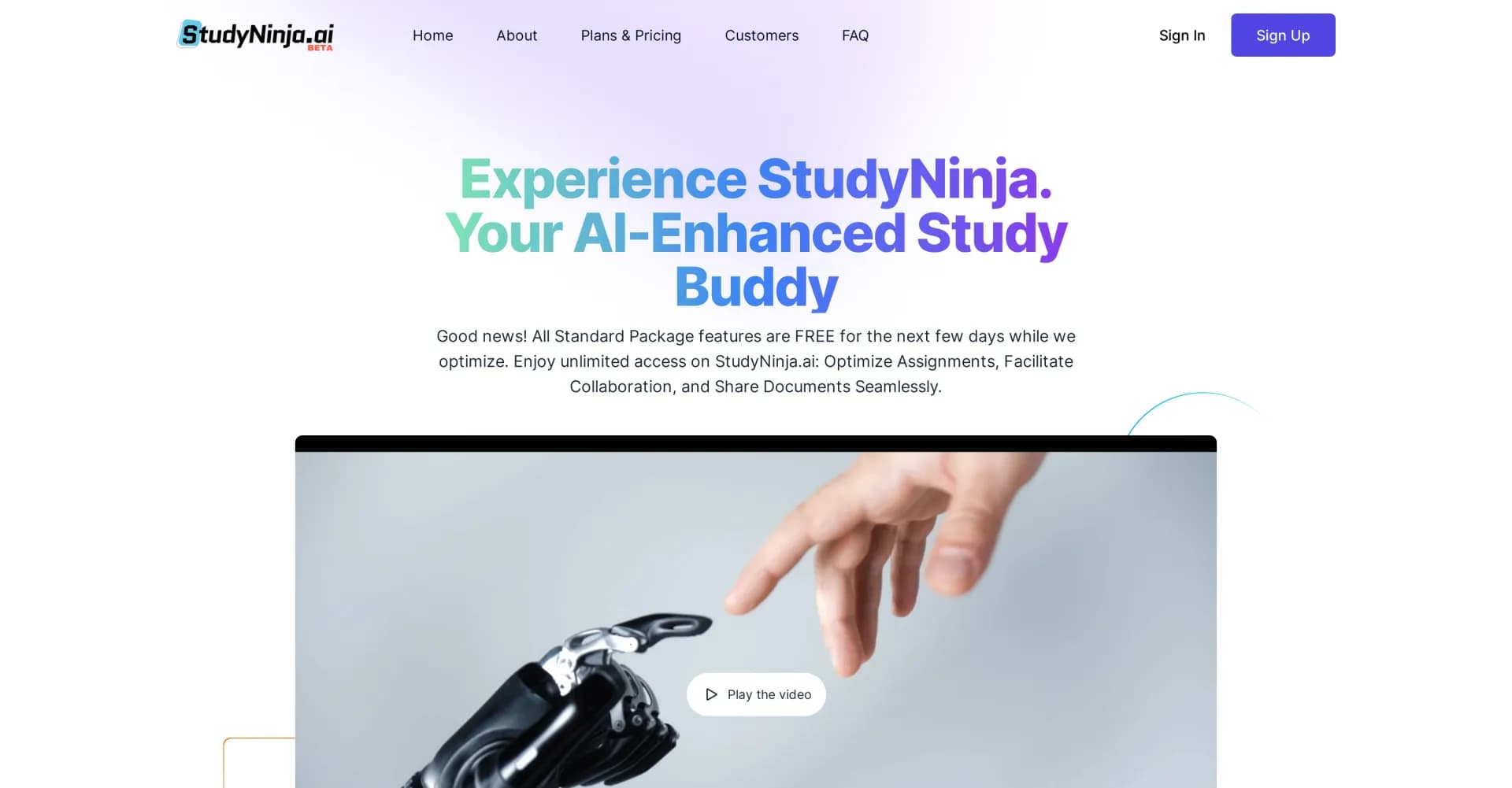 StudyNinja homepage screenshot — AI-enhanced study buddy for academic success