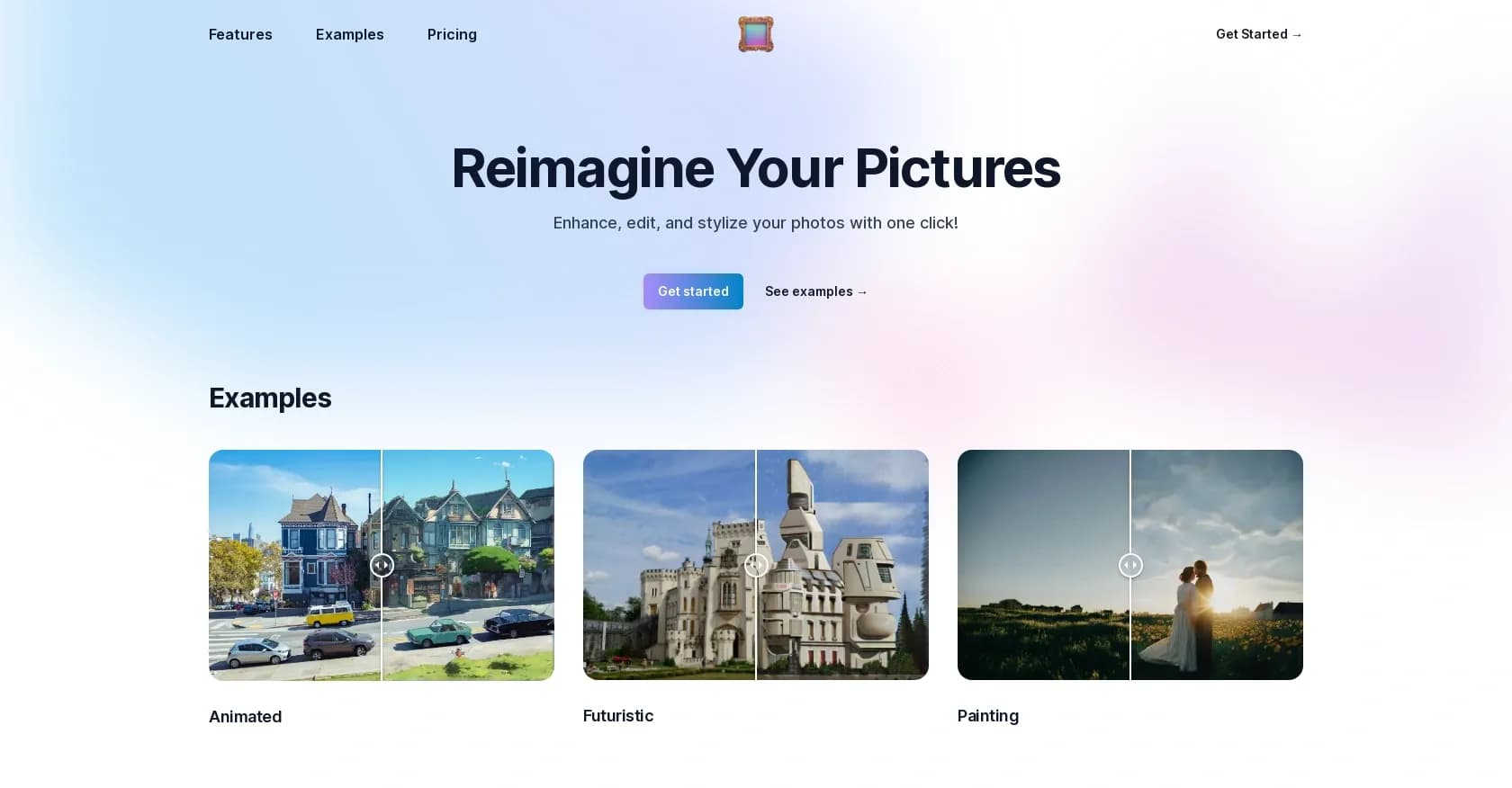 Stylize homepage screenshot — Reimagine photos with one-click enhancements.
