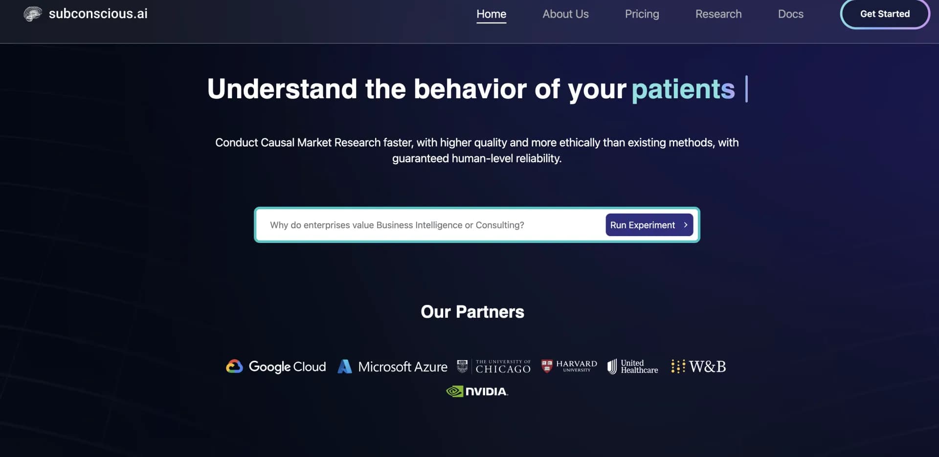 Subconscious AI homepage screenshot — Simulating behavior to predict the future