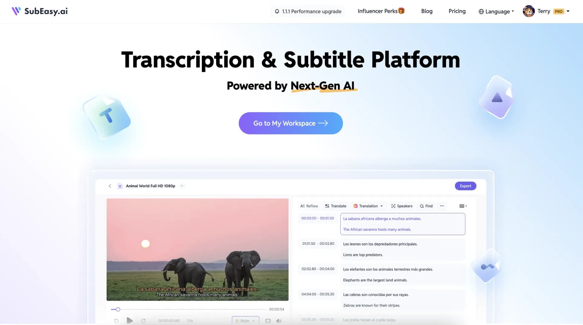 SubEasy.ai homepage screenshot — AI-powered transcription and translation services with unpar
